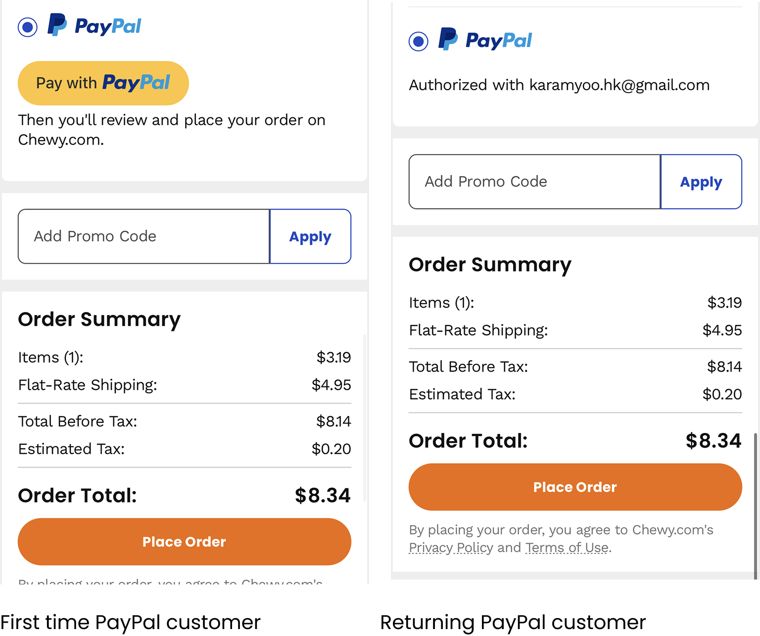 Before: PayPal first-time flow